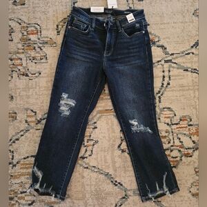 Judy Blue Dark Wash Destroyed Cropped Straight Leg Jeans